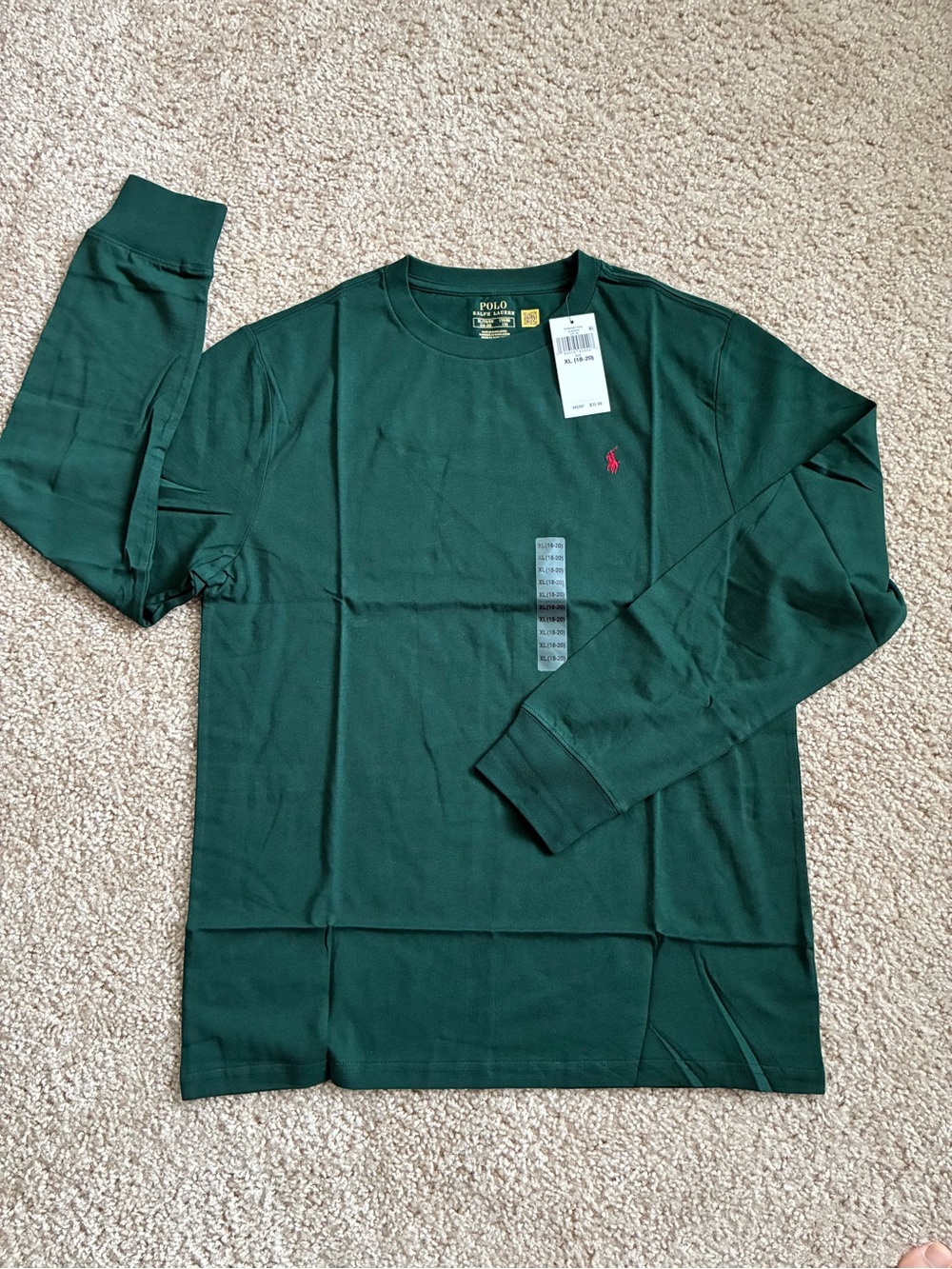 Polo by Ralph Lauren Boy’s Forest Green Long-Sleeve Crewneck Shirt, size XL